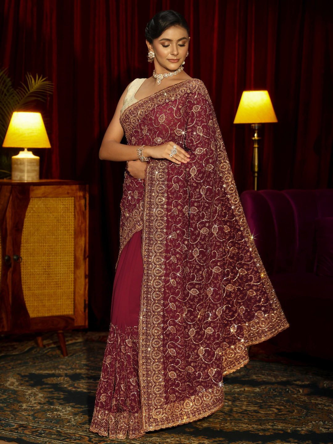 Libas Art Rani Pink Floral Embellished Georgette Saree