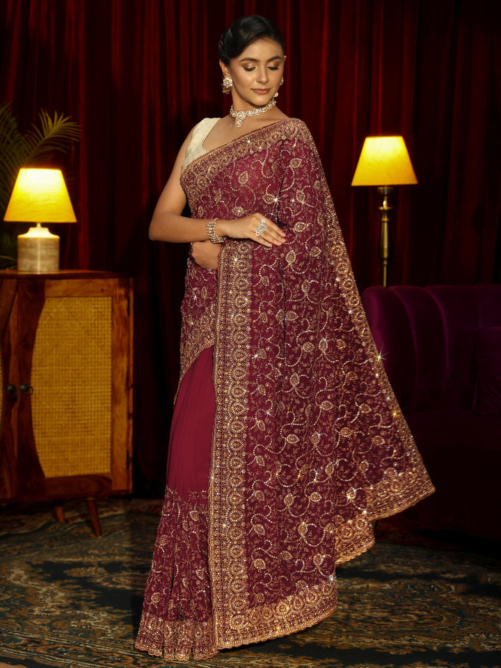 Libas Art Rani Pink Floral Embellished Georgette Saree