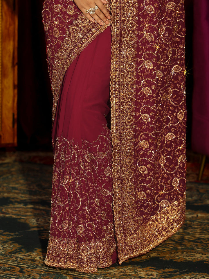 Libas Art Rani Pink Floral Embellished Georgette Saree