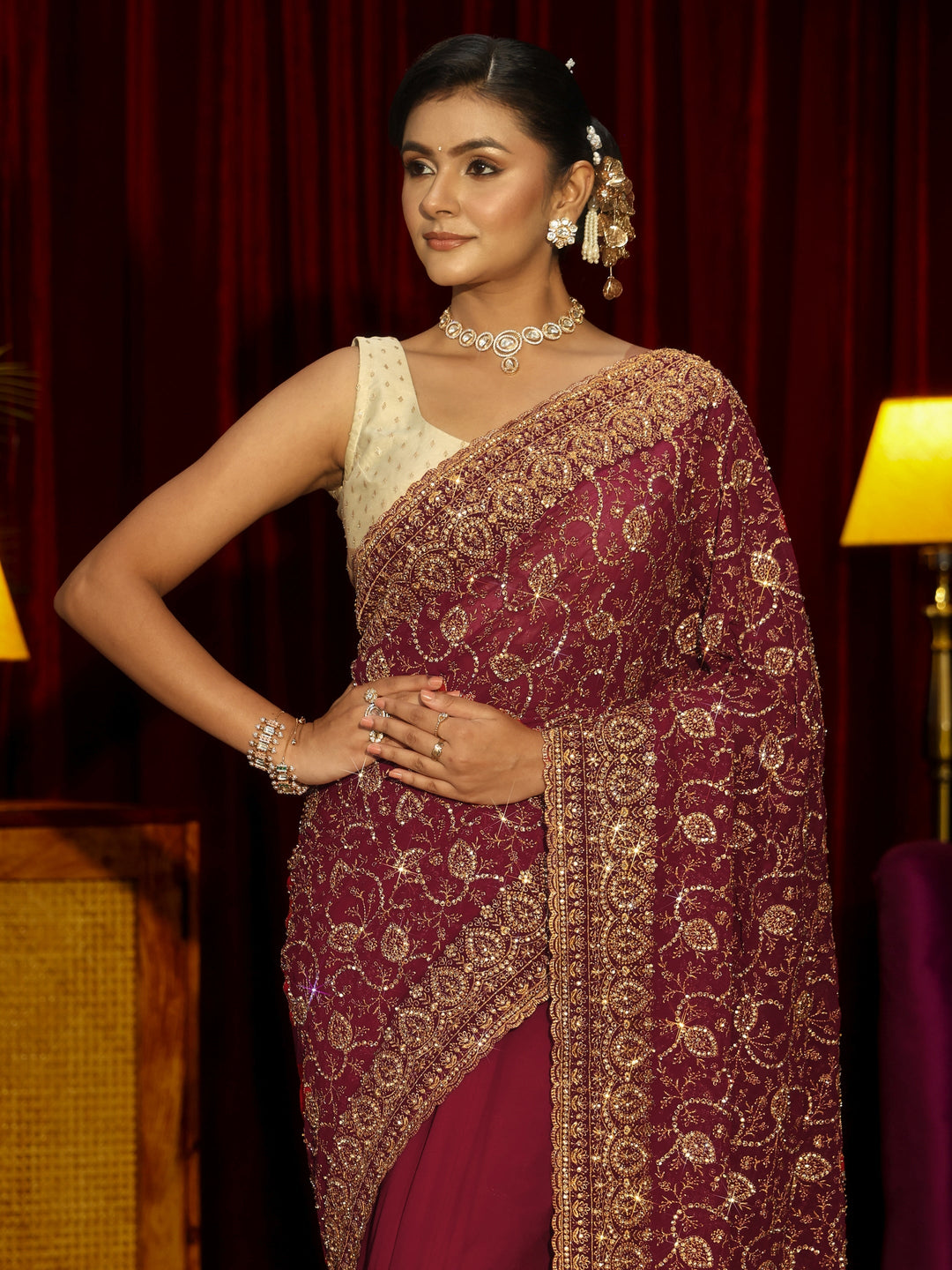 Libas Art Rani Pink Floral Embellished Georgette Saree