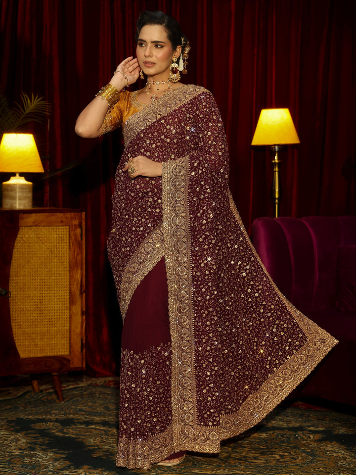 Libas Art Maroon Floral Embellished Georgette Saree