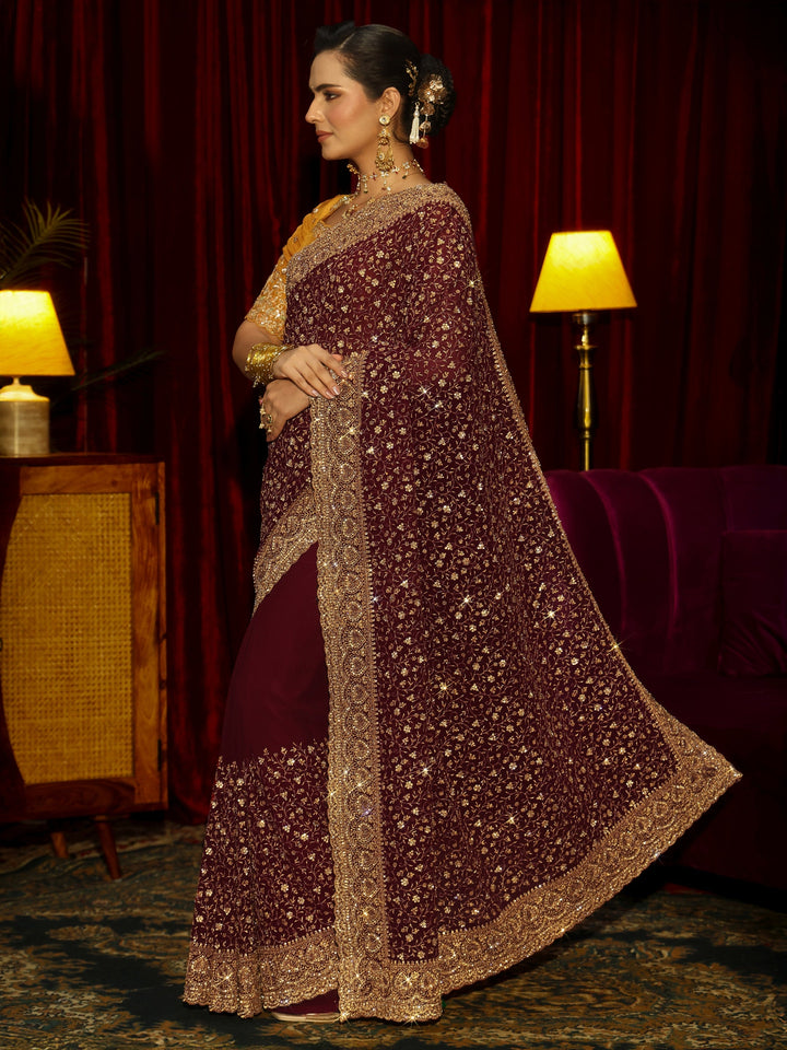 Libas Art Maroon Floral Embellished Georgette Saree