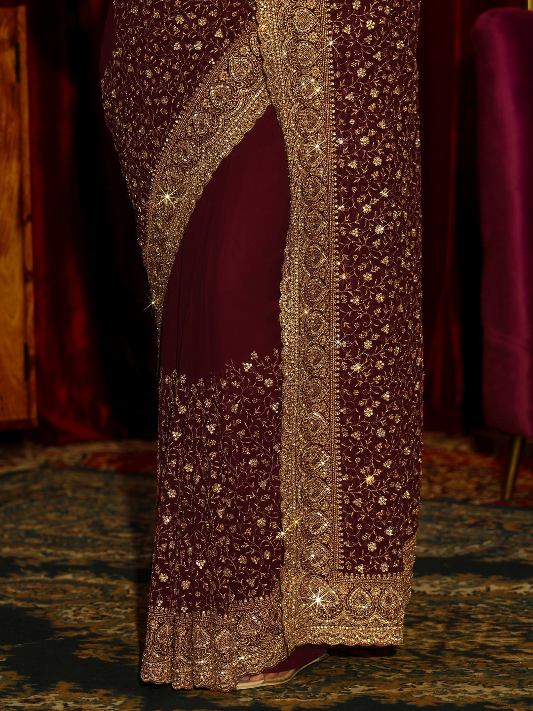 Libas Art Maroon Floral Embellished Georgette Saree