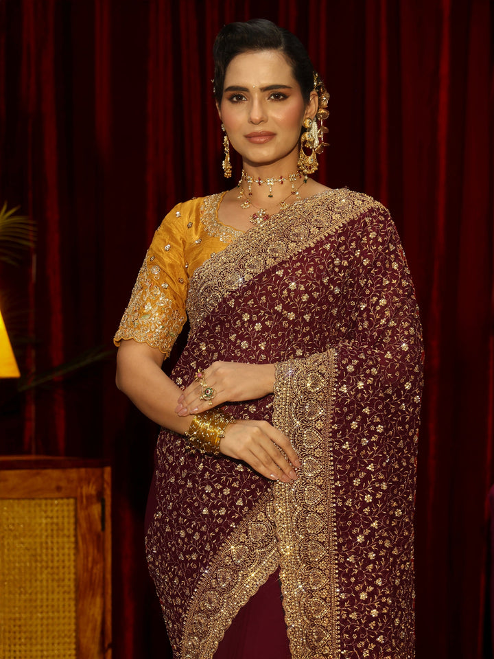 Libas Art Maroon Floral Embellished Georgette Saree