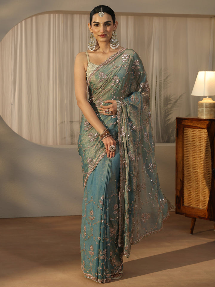 Libas Blue Floral Embellished Tissue Saree