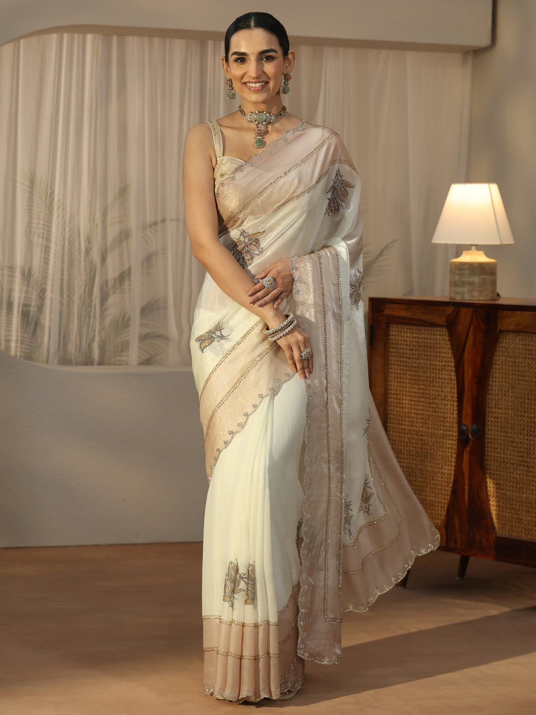 Libas Cream Floral Embellished Tissue Saree