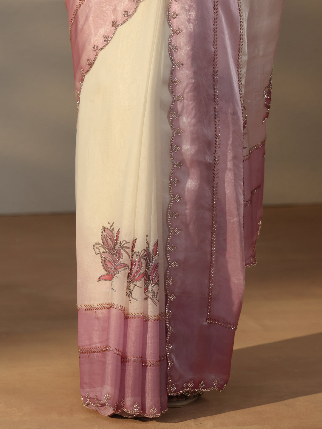 Libas Cream Floral Embellished Tissue Saree