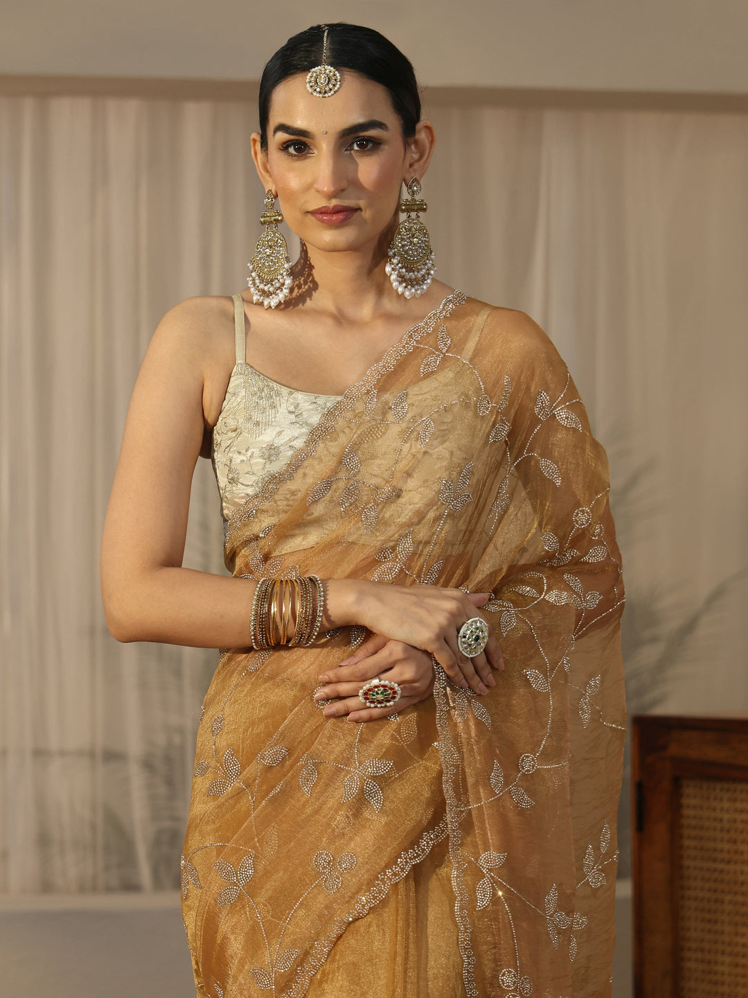 Libas Art Gold Floral Embellished Tissue Saree