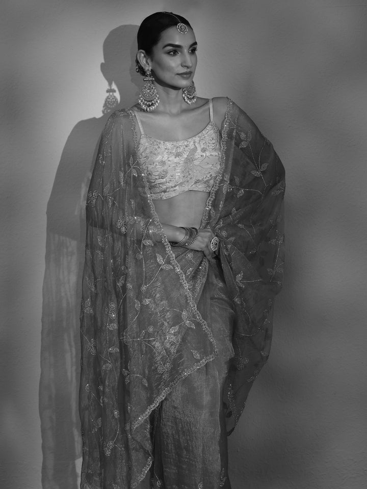 Libas Art Gold Floral Embellished Tissue Saree