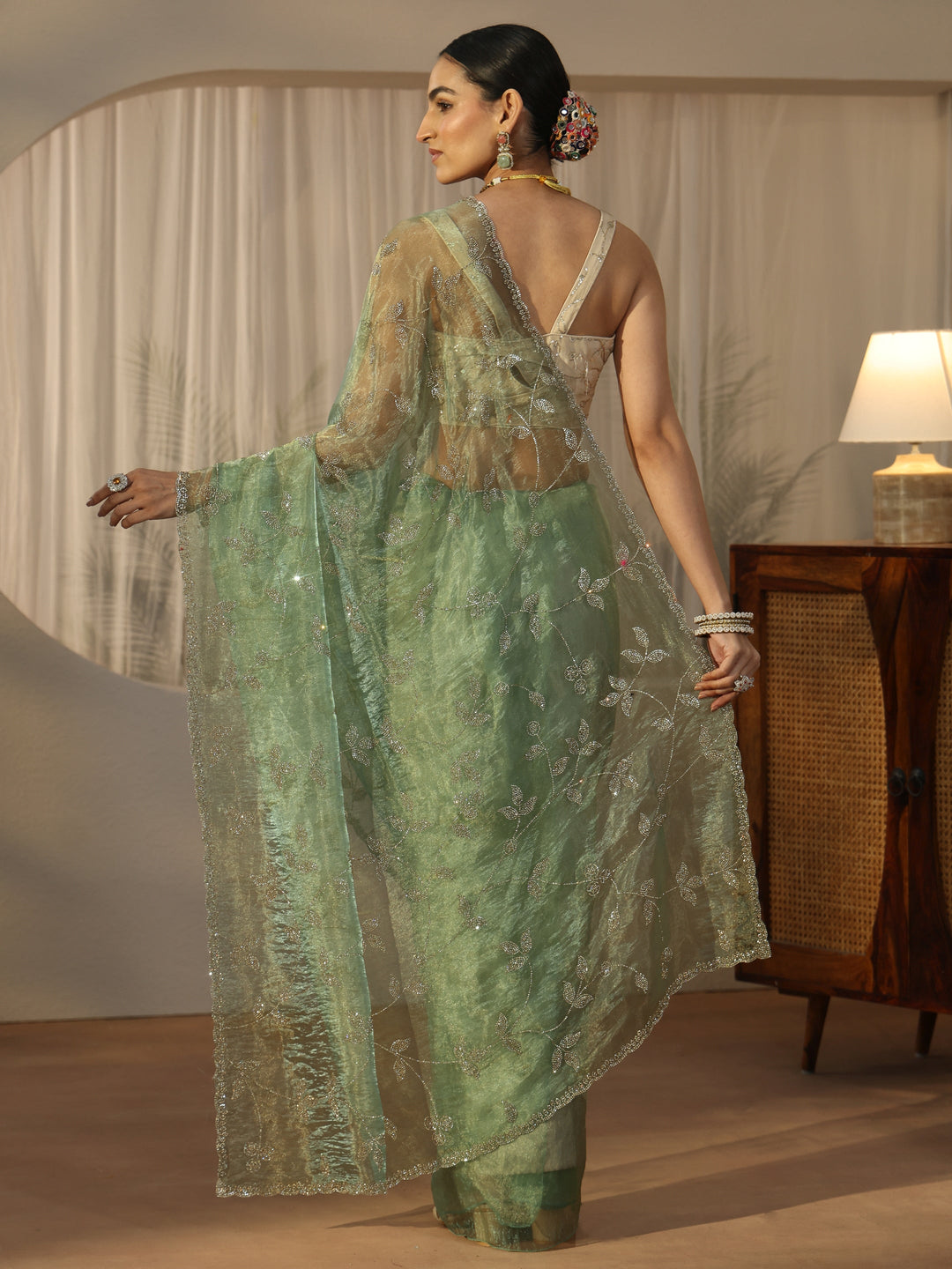 Libas Art Sage Green Floral Embellished Tissue Saree