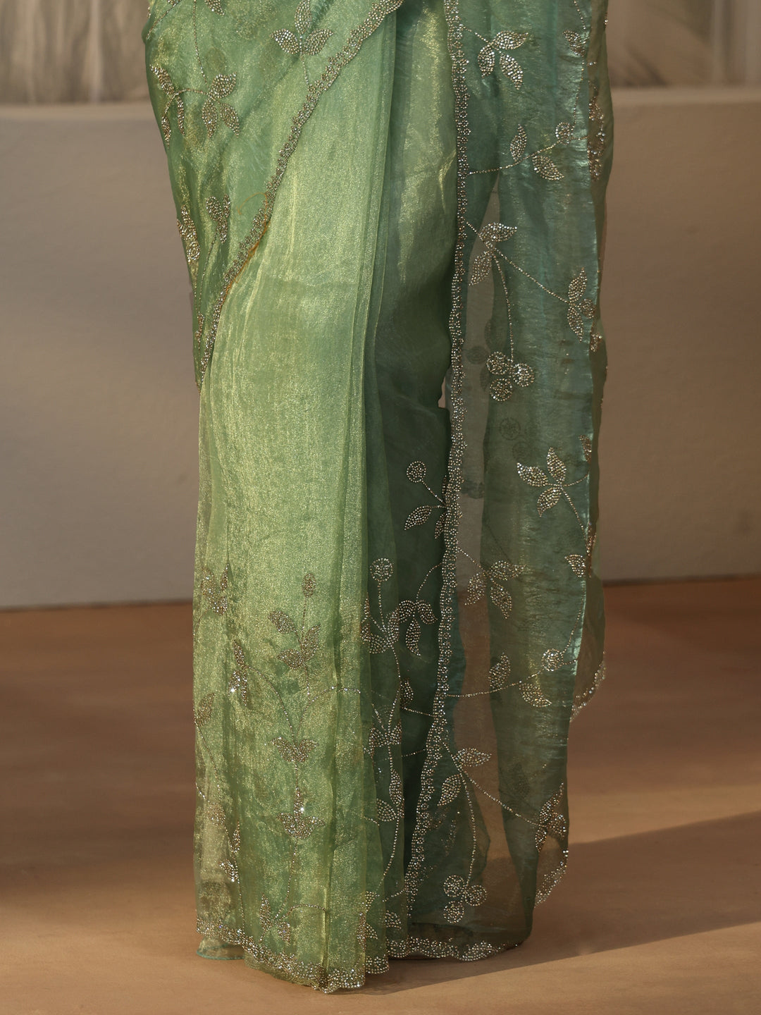Libas Art Sage Green Floral Embellished Tissue Saree
