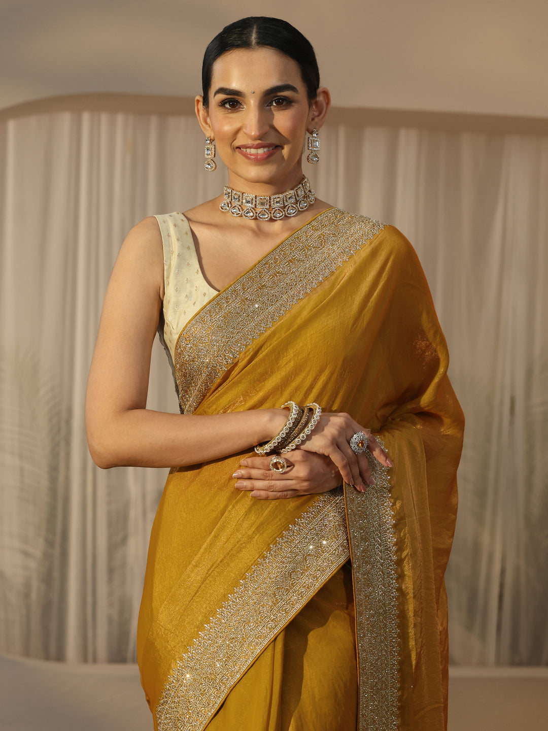 Libas Honey Yellow Tissue Saree with Embellished Border