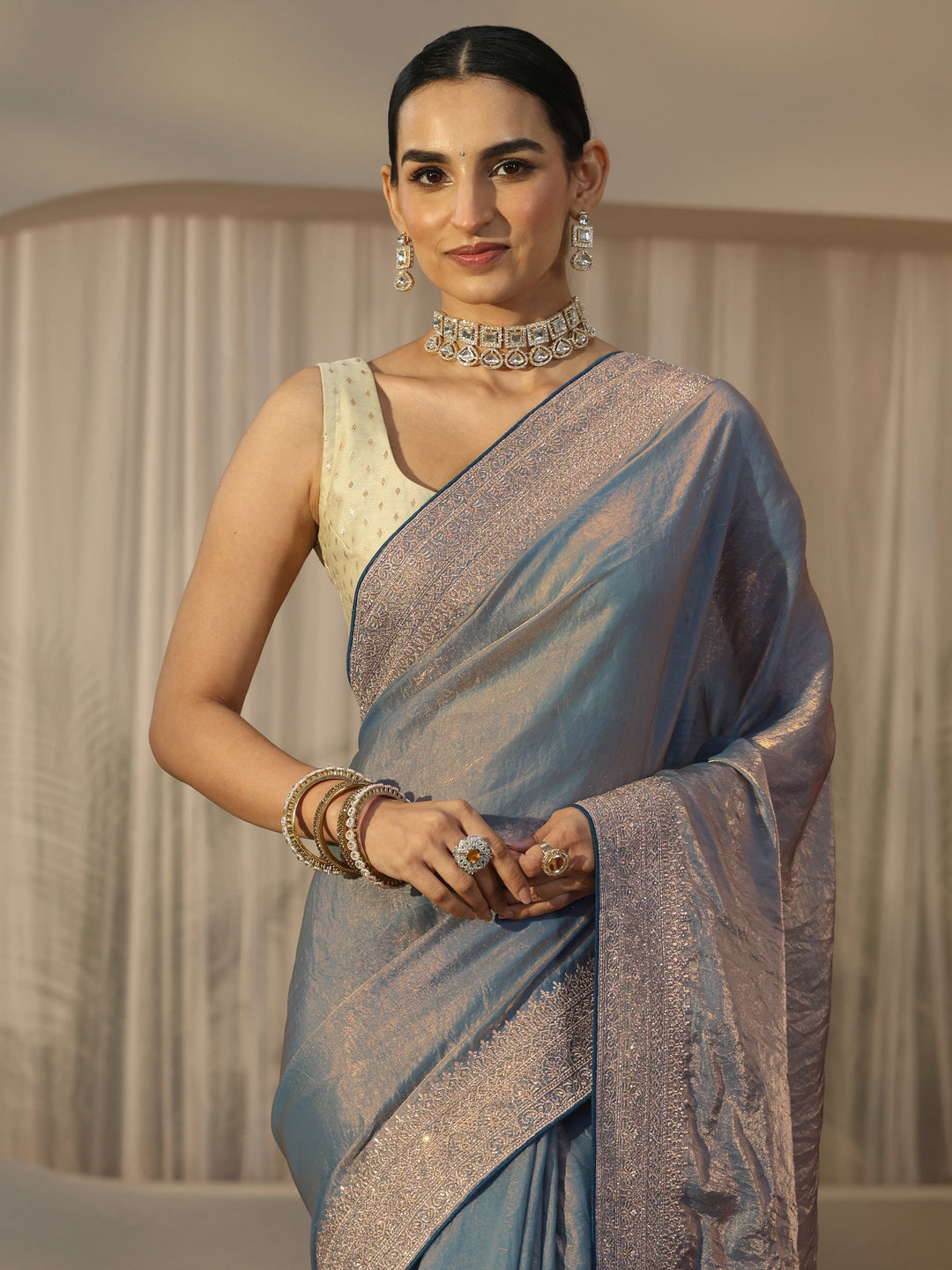 Libas Blue Tissue Saree with Embellished Border