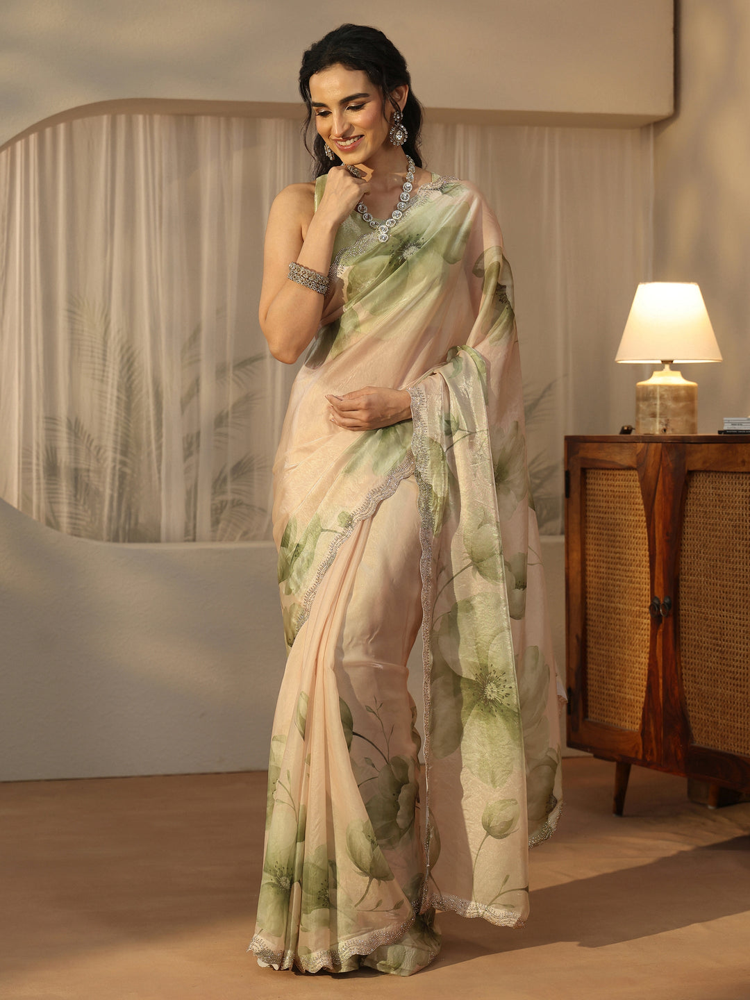 Libas Green Floral Printed Tissue Saree
