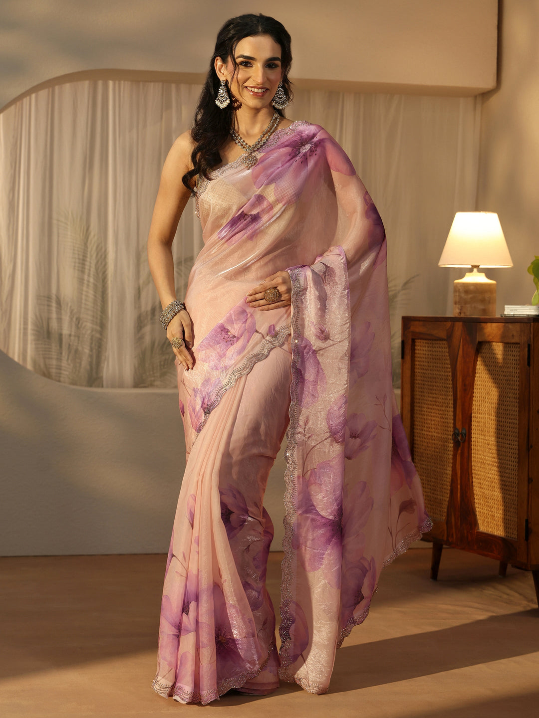 Libas Purple Floral Printed Tissue Saree with Embellished Border