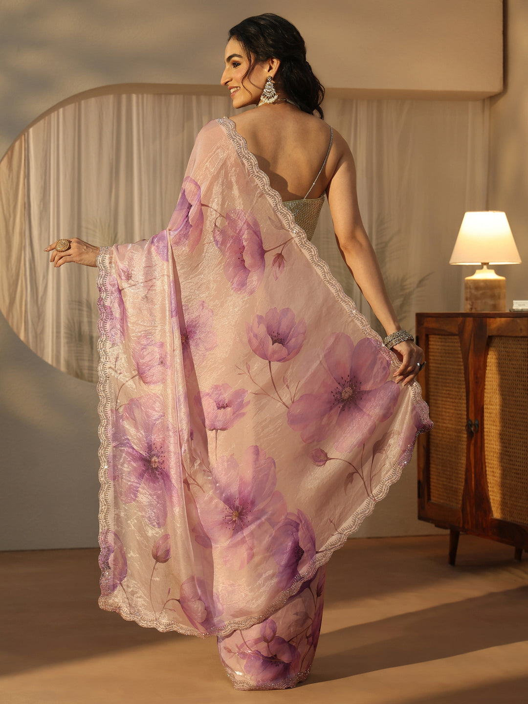 Libas Purple Floral Printed Tissue Saree with Embellished Border
