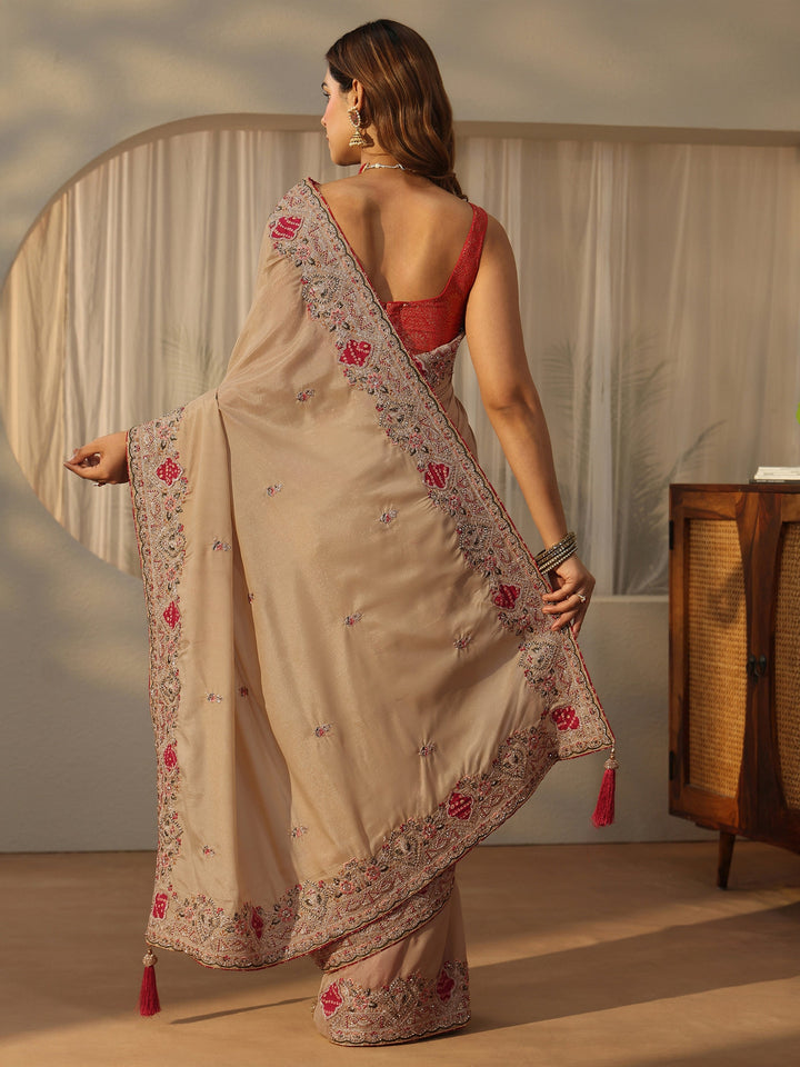 Libas Beige Floral Embroidered Satin Saree