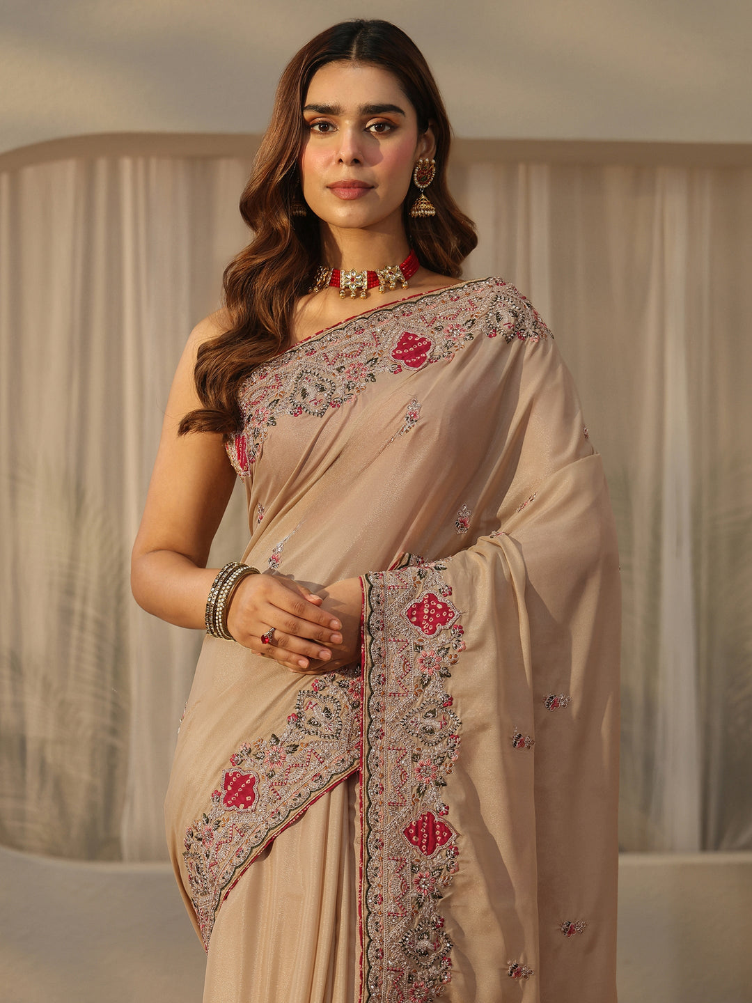Libas Beige Floral Embroidered Satin Saree