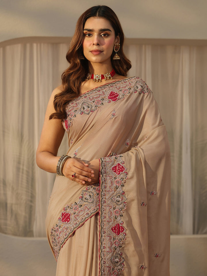 Libas Beige Floral Embroidered Satin Saree