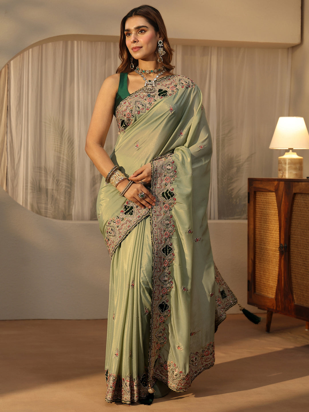 Libas Pista Green Satin Saree with Embellished Border