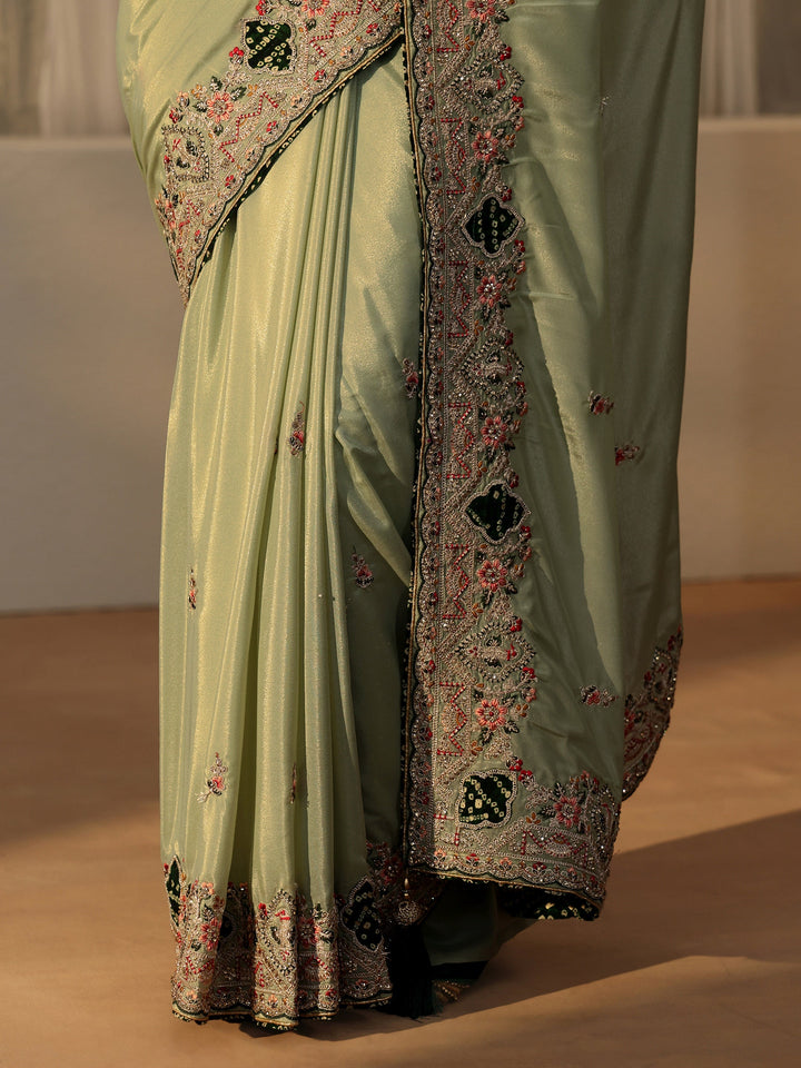 Libas Pista Green Satin Saree with Embellished Border