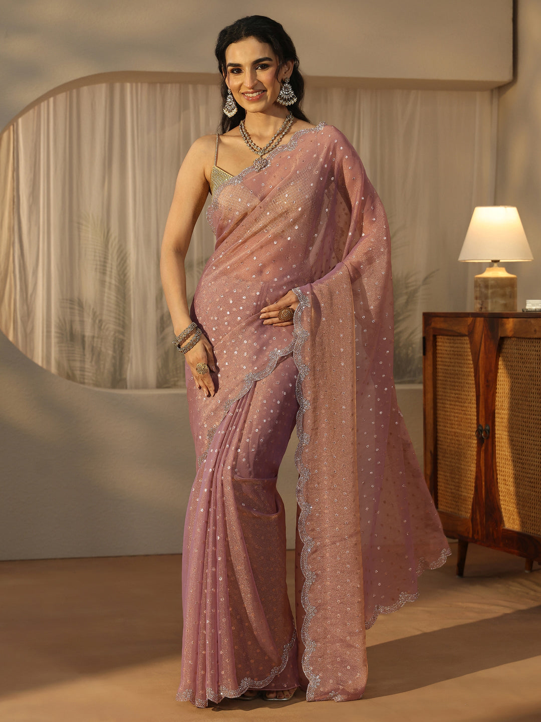 Libas Lavender Embellished Tissue Saree with Scalloped Border