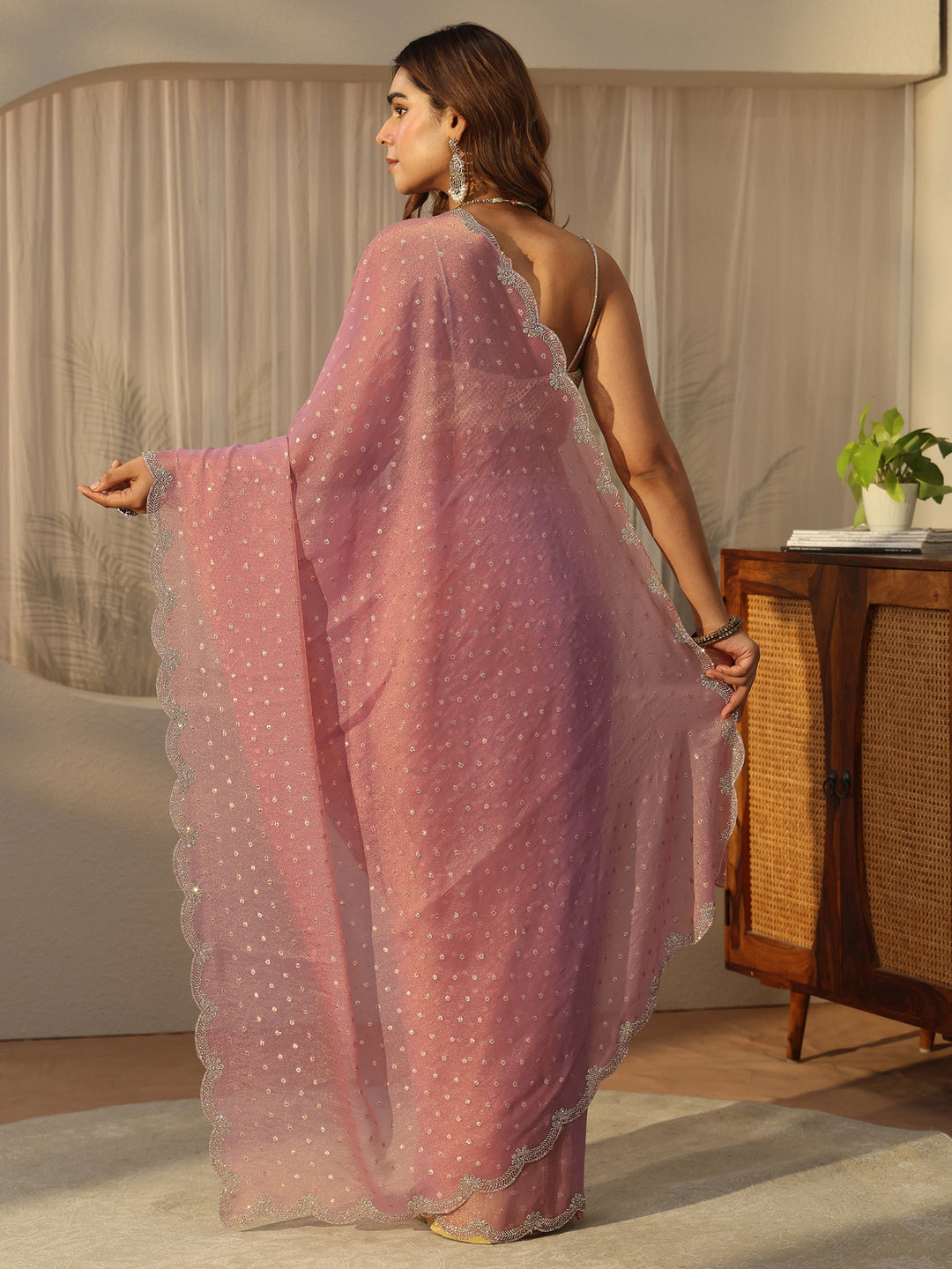 Libas Dusty Pink Embellished Tissue Saree with Scalloped Border