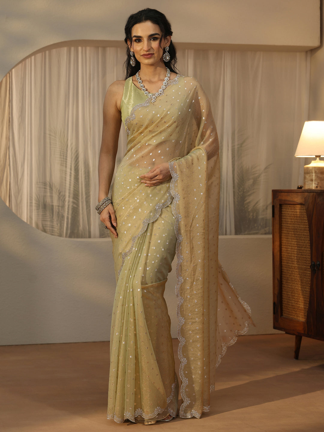Libas Sage Green Embellished Tissue Saree with Scalloped Border