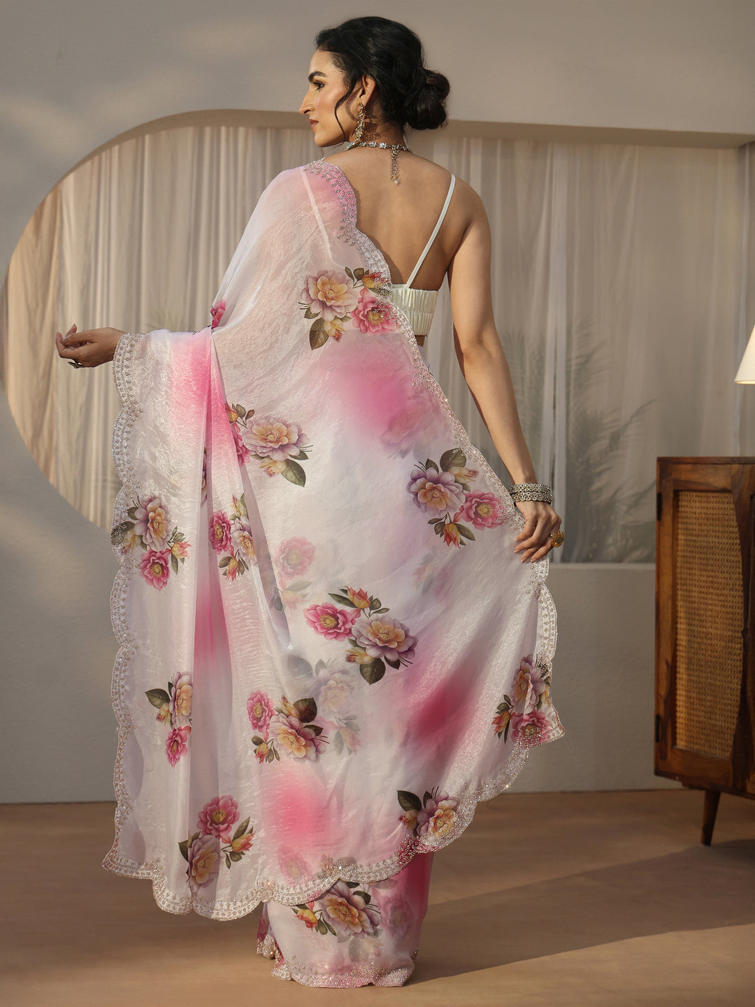Libas Pink Floral Printed Satin Saree with Scalloped Border