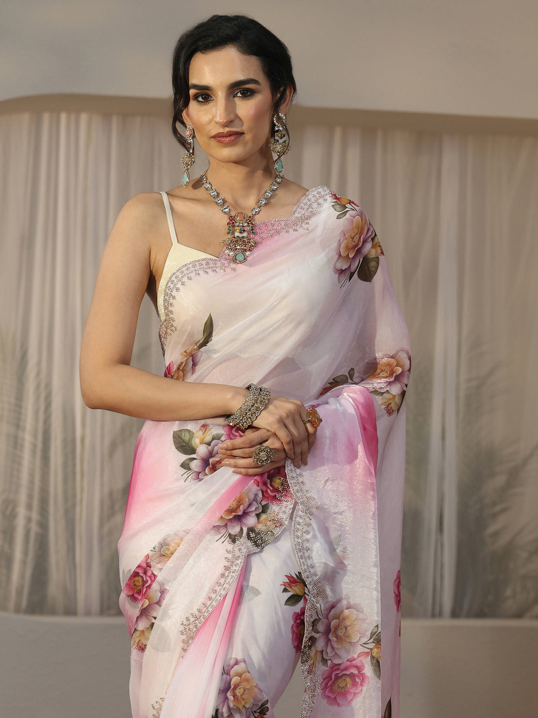 Libas Pink Floral Printed Satin Saree with Scalloped Border