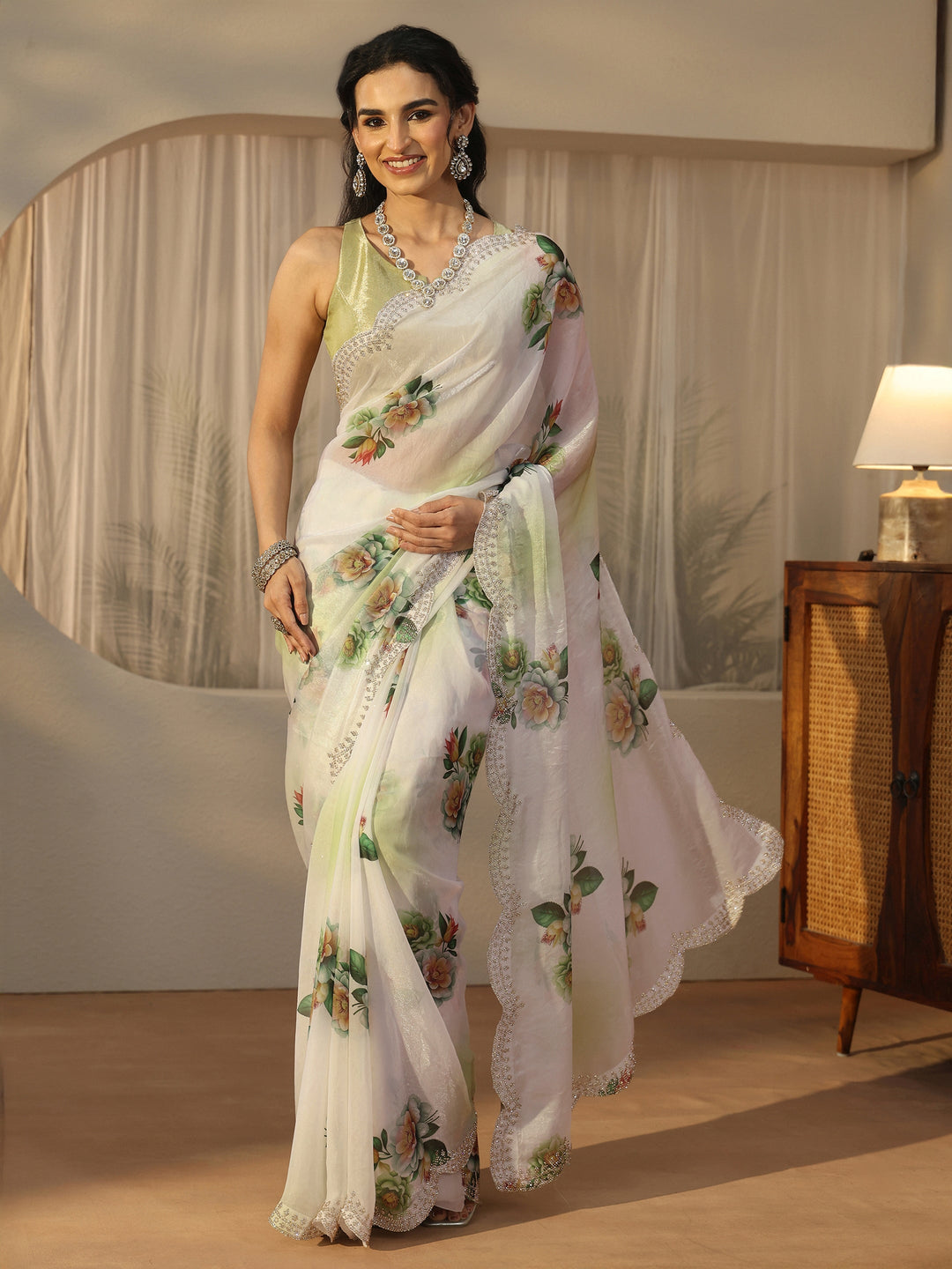 Libas Green Floral Printed Satin Saree with Scalloped Border