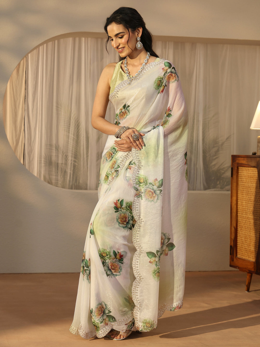 Libas Green Floral Printed Satin Saree with Scalloped Border