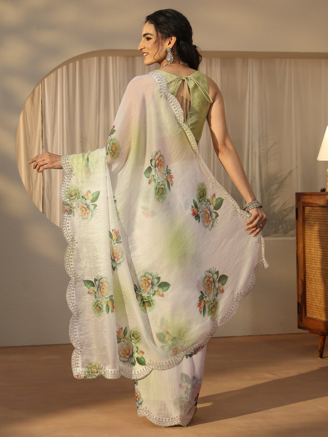 Libas Green Floral Printed Satin Saree with Scalloped Border
