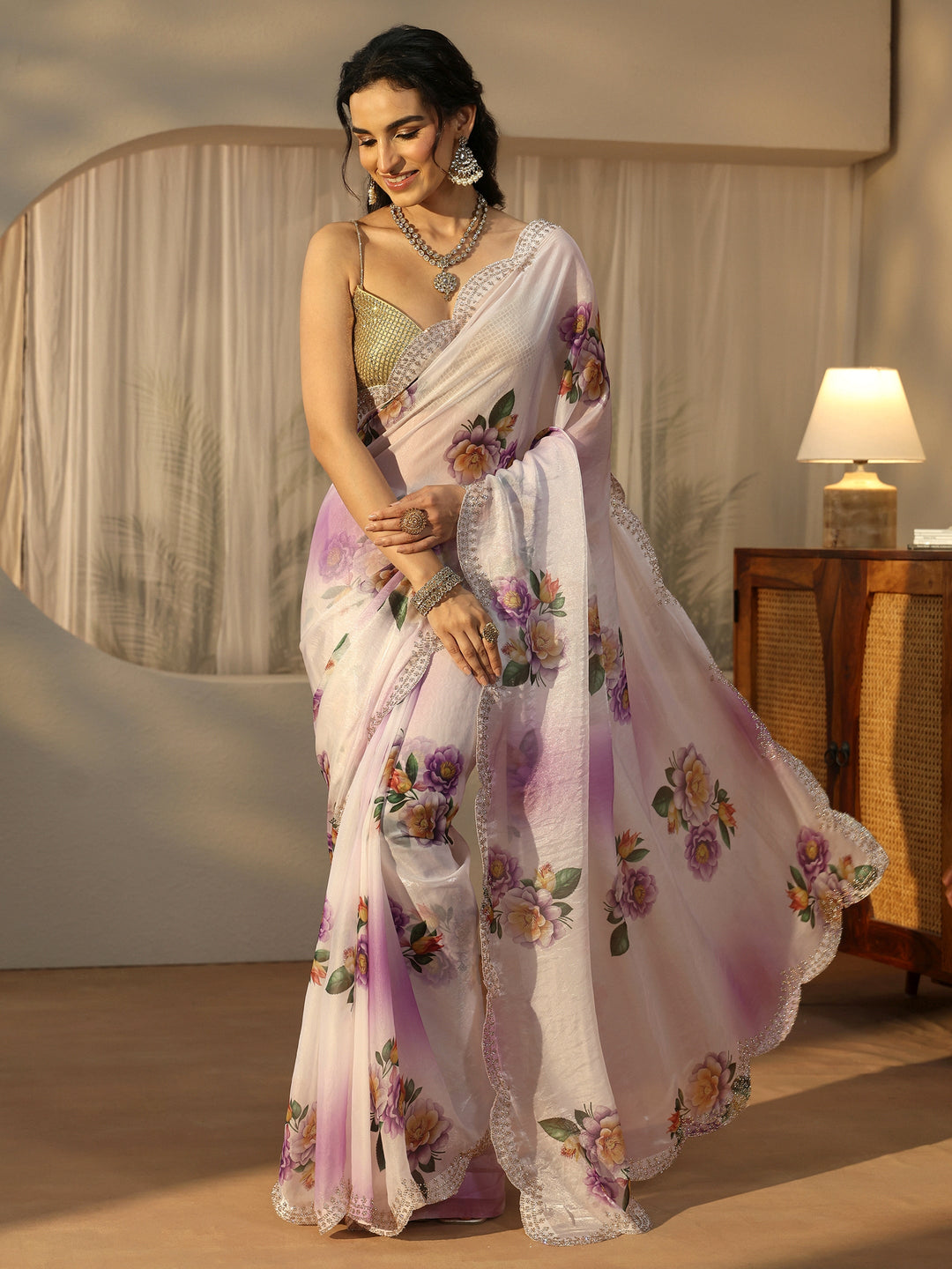 Libas Lavender Floral Printed Satin Saree with Scalloped Border