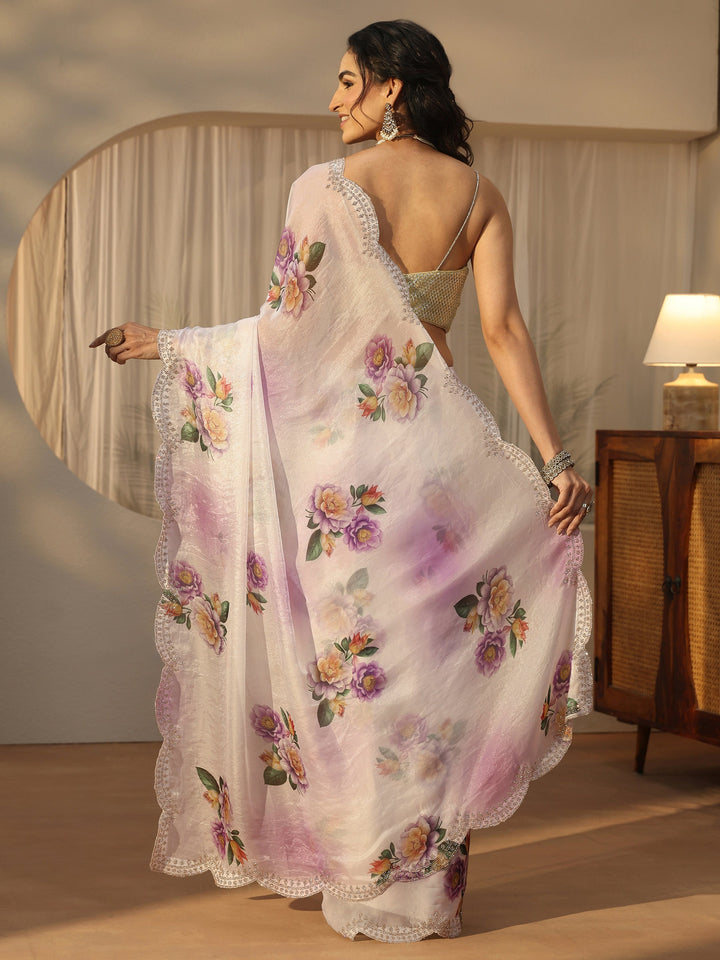 Libas Lavender Floral Printed Satin Saree with Scalloped Border