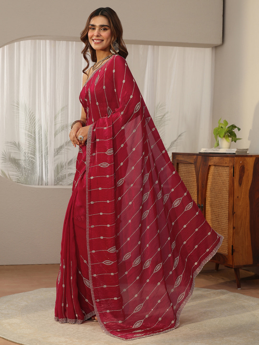 Libas Red Stone Work Embellished Silk Blend Saree