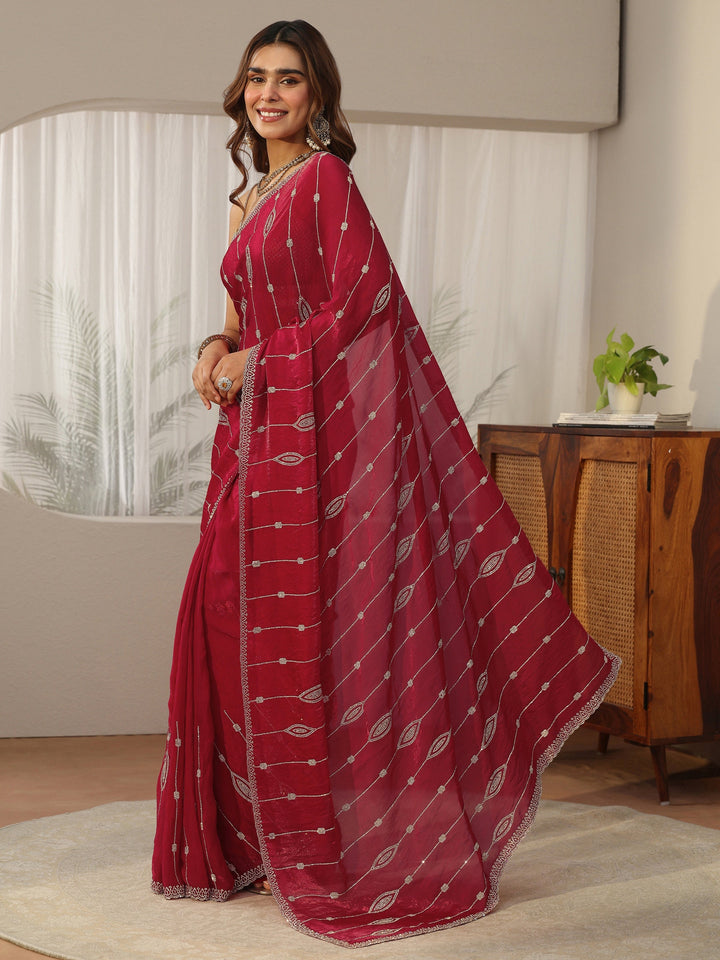 Libas Red Stone Work Embellished Silk Blend Saree