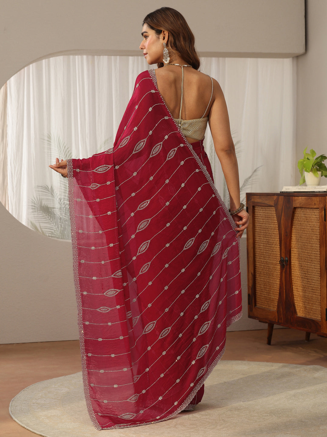 Libas Red Stone Work Embellished Silk Blend Saree