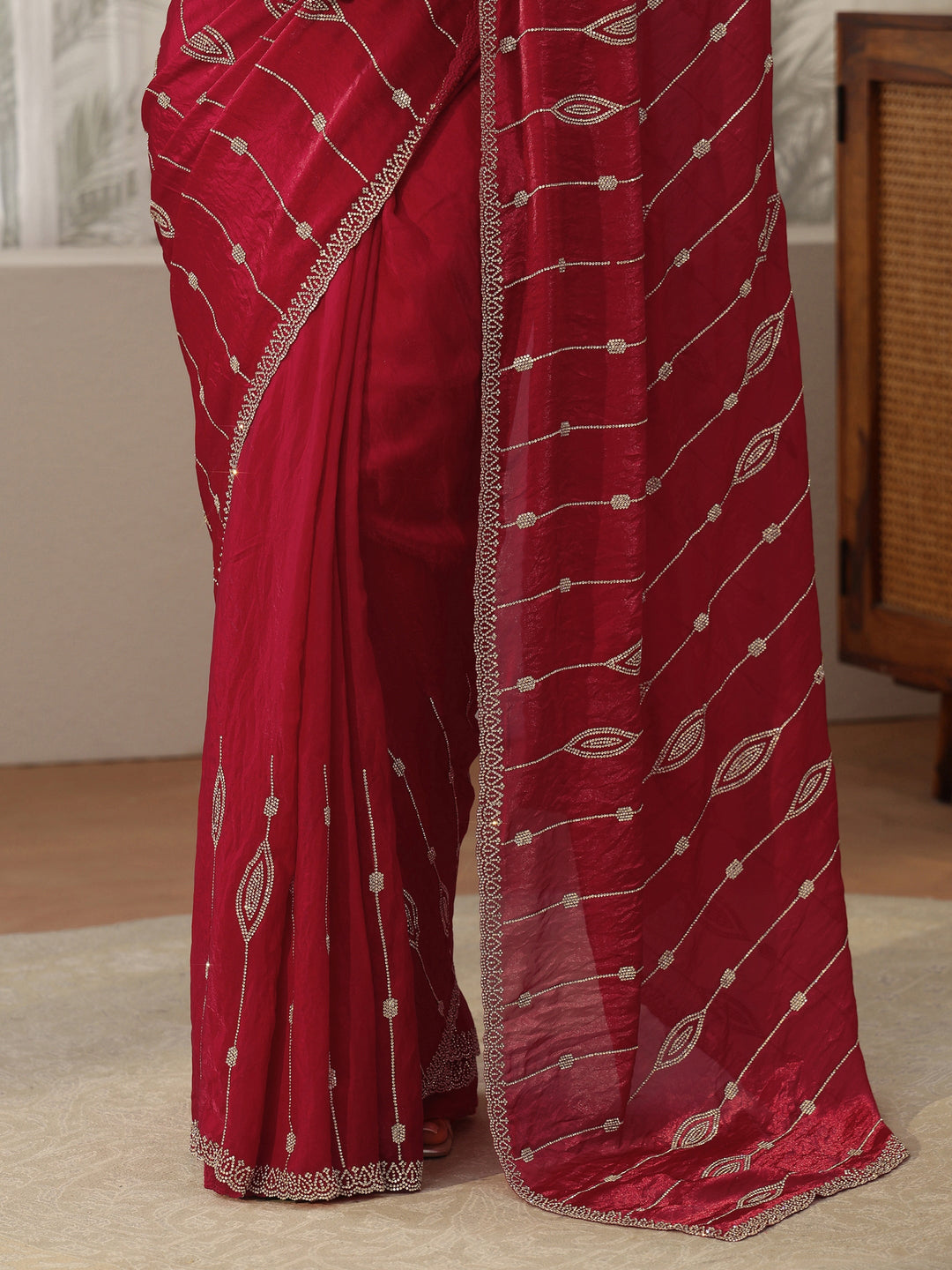 Libas Red Stone Work Embellished Silk Blend Saree