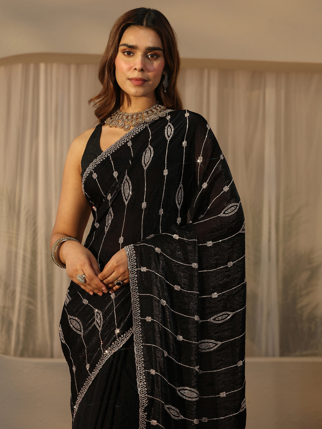 Libas Black Embellished Tissue Saree