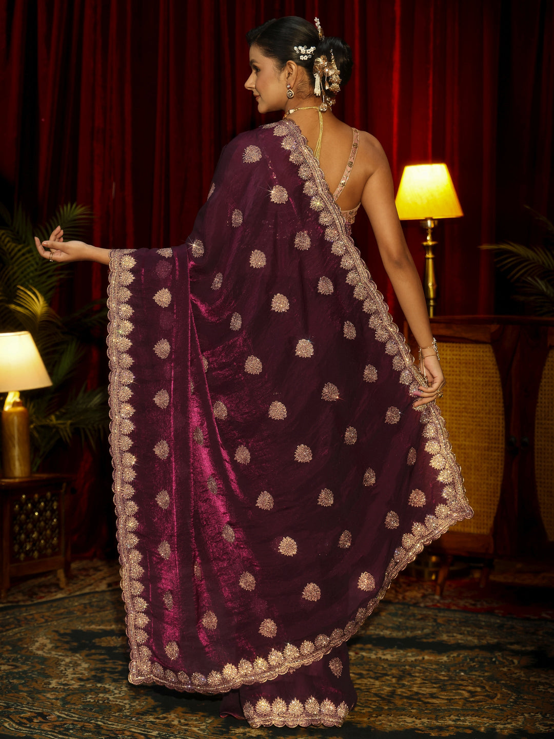 Libas Burgundy Floral Embellished Tissue Saree