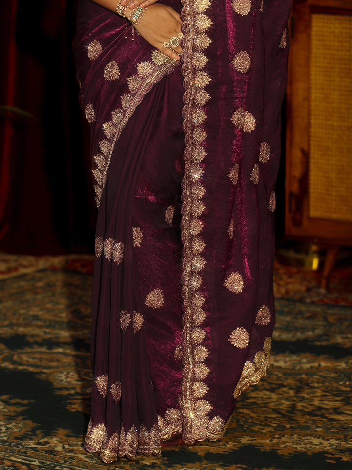 Libas Burgundy Floral Embellished Tissue Saree