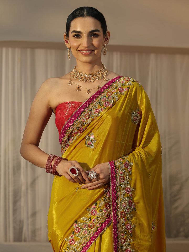 Libas Mustard Floral Embroidered Tissue Saree
