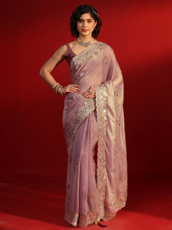 Libas Art Lavender Embroidered Sequinned Tissue Saree
