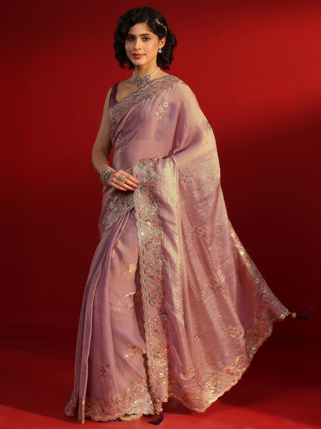 Libas Art Lavender Embroidered Sequinned Tissue Saree