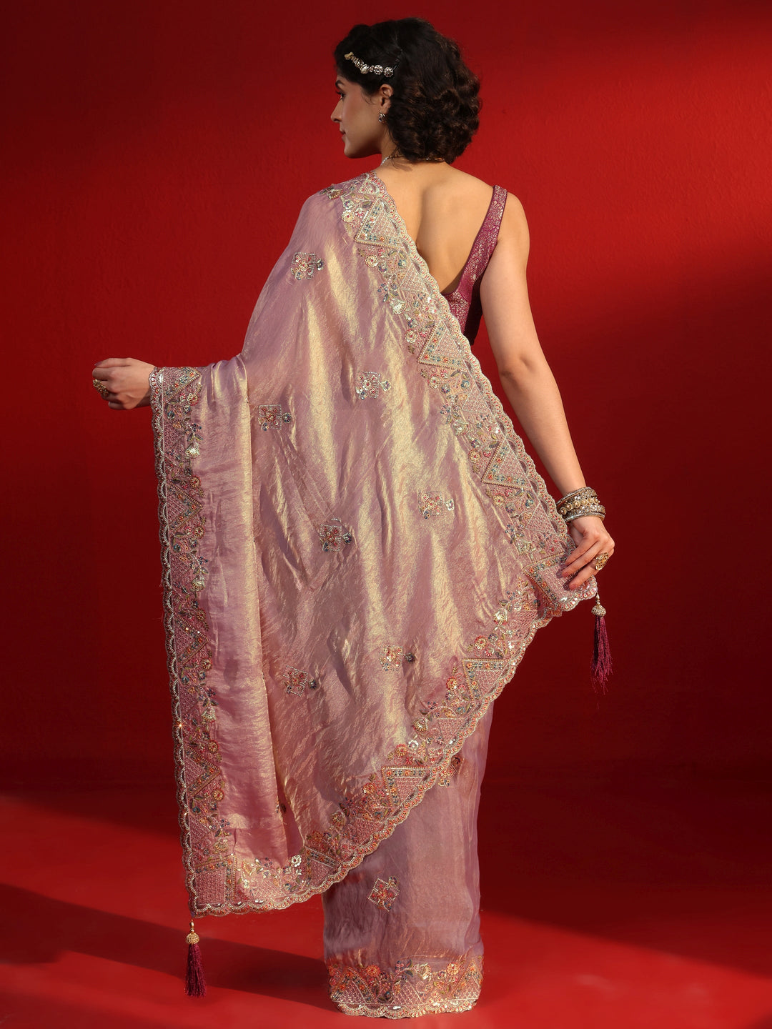 Libas Art Lavender Embroidered Sequinned Tissue Saree
