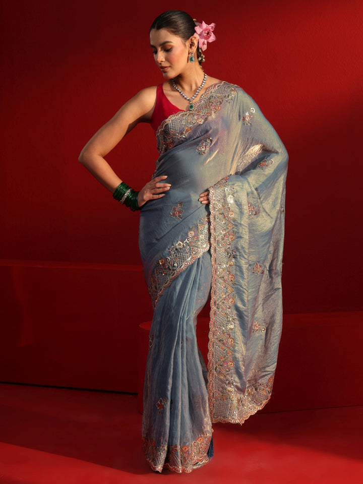 Libas Art Dusty Blue Embroidered Sequinned Tissue Saree