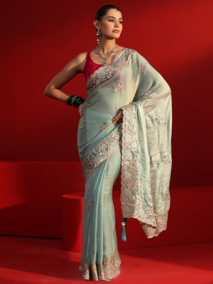 Libas Art Powder Blue Embroidered Sequinned Tissue Saree