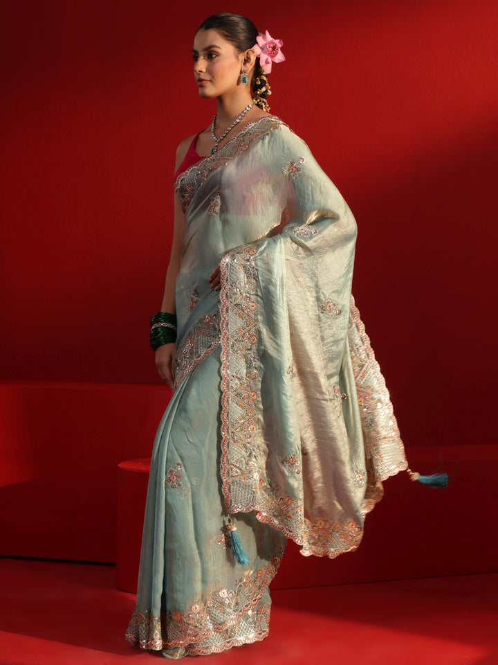 Libas Art Powder Blue Embroidered Sequinned Tissue Saree