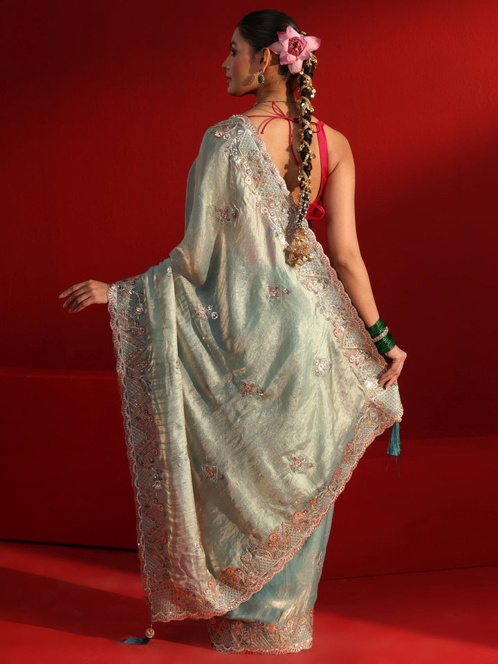 Libas Art Powder Blue Embroidered Sequinned Tissue Saree
